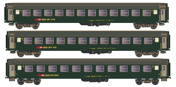 1x Abteilwagen Bm, 2.Klasse mit 11 Fenstern, Ausführung mit neuem SBB Signet 2x Abteilwagen Bm, 2.Klasse mit 12 Fenstern, Ausführung mit neuem SBB Signet